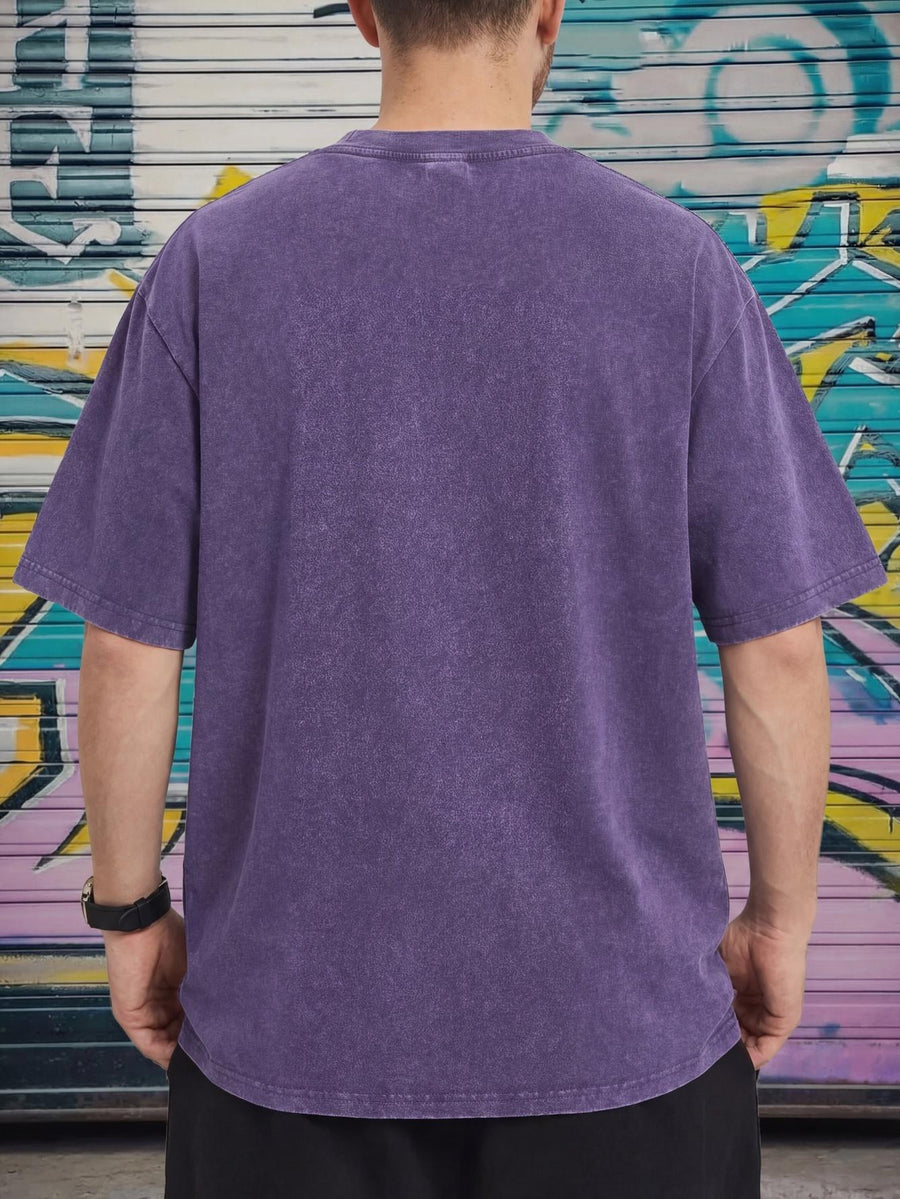 Relaxed Fit Distressed T-Shirt - Made from 100%, Heavyweight Vintage Washed Tee, Unisex Premium Quality Shirt - Deep Purple