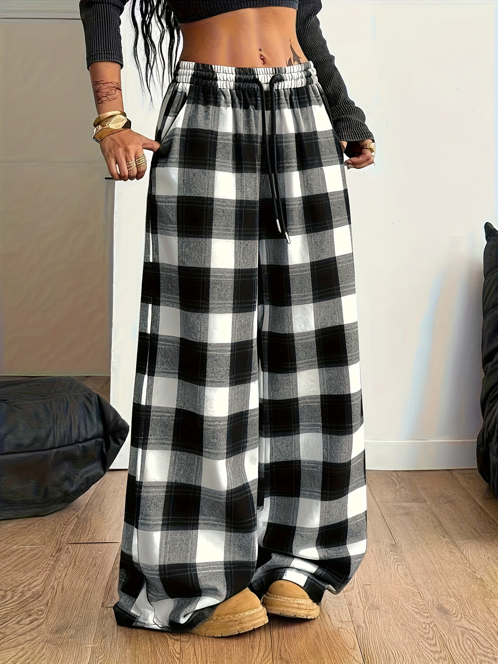 Women'S Plaid Wide-Leg Pocket Drawstring Casual Fashion Fall Winter Trousers - Black