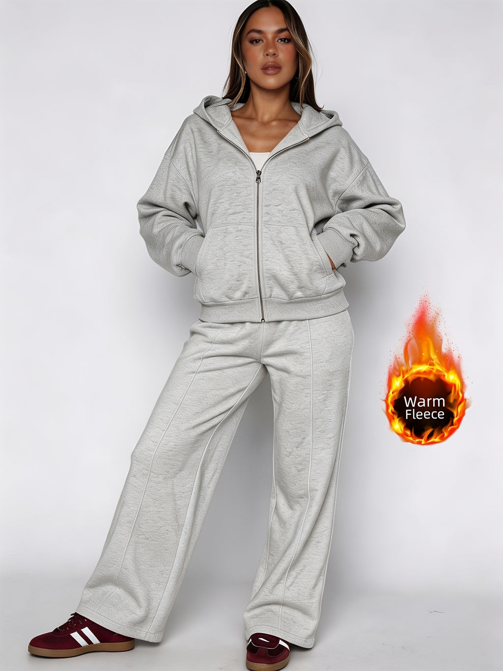 2pcs Autumn/Winter Women's Sporty Casual Set: -Lined Hooded Cardigan with Pockets Long-Sleeve Sweatshirt and -Lined Drawstring Wide-Leg Pants, Essential for Cold Weather Outings, Suitable for Sports, Fitness, Running, Skiing, and Versatile Fashion - Light Grey