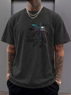 Men's Short-Sleeve T-Shirt, Pure Cotton, Loose Fit, Washed Distressed Circuit Board Skull Graffiti Print, Trendy Reversible Double-Sided Print, 12 Colors for  Mix & Match, American Streetwear High Street Hip-Hop Top, for Daily Outings - Black