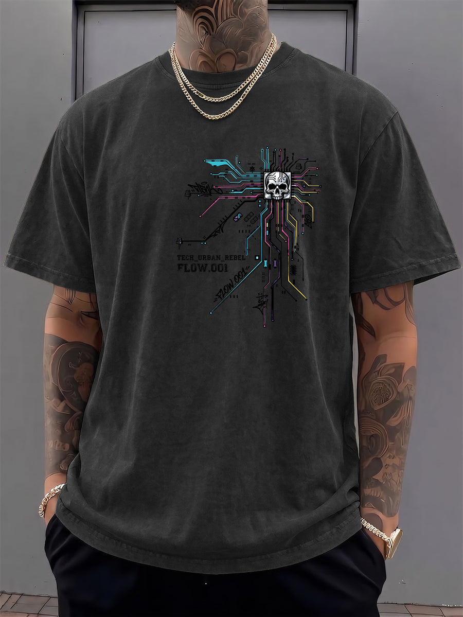 Men's Short-Sleeve T-Shirt, Pure Cotton, Loose Fit, Washed Distressed Circuit Board Skull Graffiti Print, Trendy Reversible Double-Sided Print, 12 Colors for Mix & Match, American Streetwear High Street Hip-Hop Top, for Daily Outings - Black