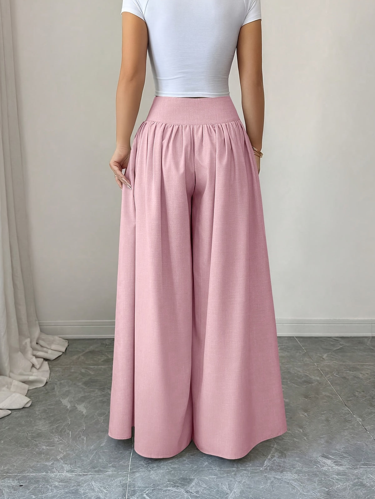 Women's Spring/Summer Waist-Cinching Long Wide-Leg Pants with Pockets, Size 25 - Pink Color