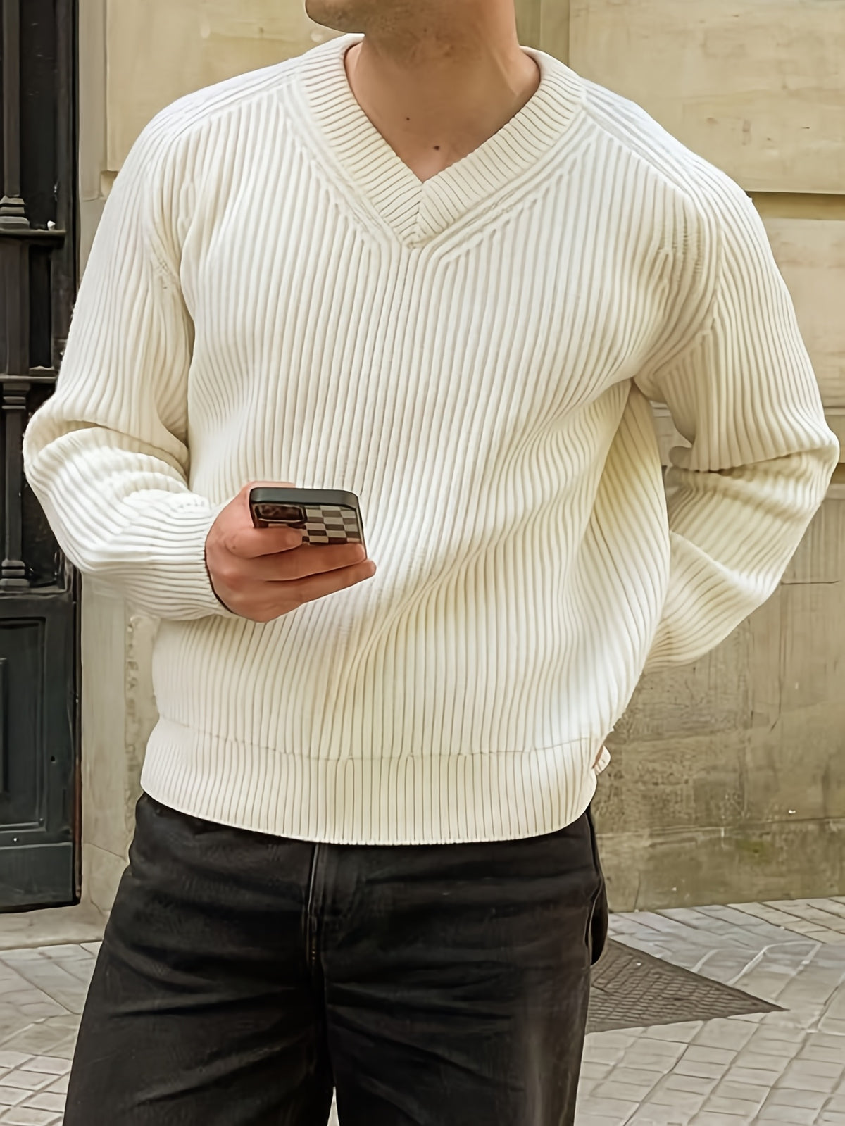 Autumn Winter New Men'S Casual Loose All-Match V-Neck Shoulder Patch Long Sleeve Pullover Sweater - Apricot