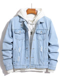 Men'S Street Style Fashion Slim-Fit Ripped Denim Jacket in Solid Color, Casual Men'S Denim Outerwear - Light Blue