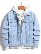 Men'S Street Style Fashion Slim-Fit Ripped Denim Jacket in Solid Color, Casual Men'S Denim Outerwear - Light Blue