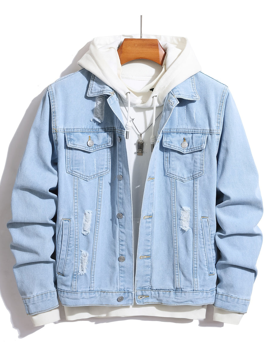 Men'S Street Style Fashion Slim-Fit Ripped Denim Jacket in Solid Color, Casual Men'S Denim Outerwear - Light Blue
