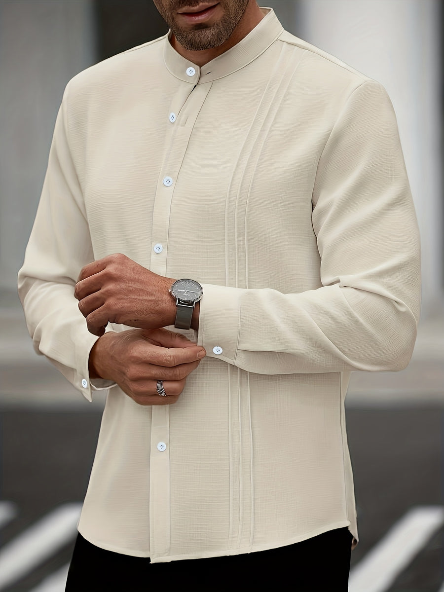 Cross-Border Men'S Casual Mandarin Collar Long Sleeve Shirt - Khaki