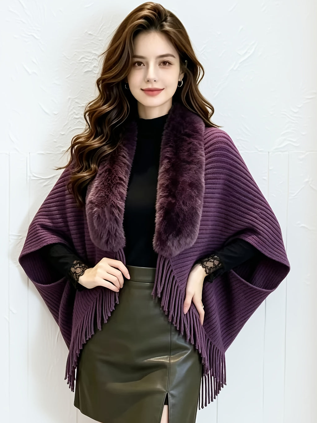Women'S Cardigan, Autumn Winter Fashion Faux Tassel Cape Scarf Jacket - Lightweight Warm Outerwear for Parties, Office, Casual Wear - Elegant Autumnal Accessory, Trendy Scarf, Office Essential, Holiday Gift - Purple