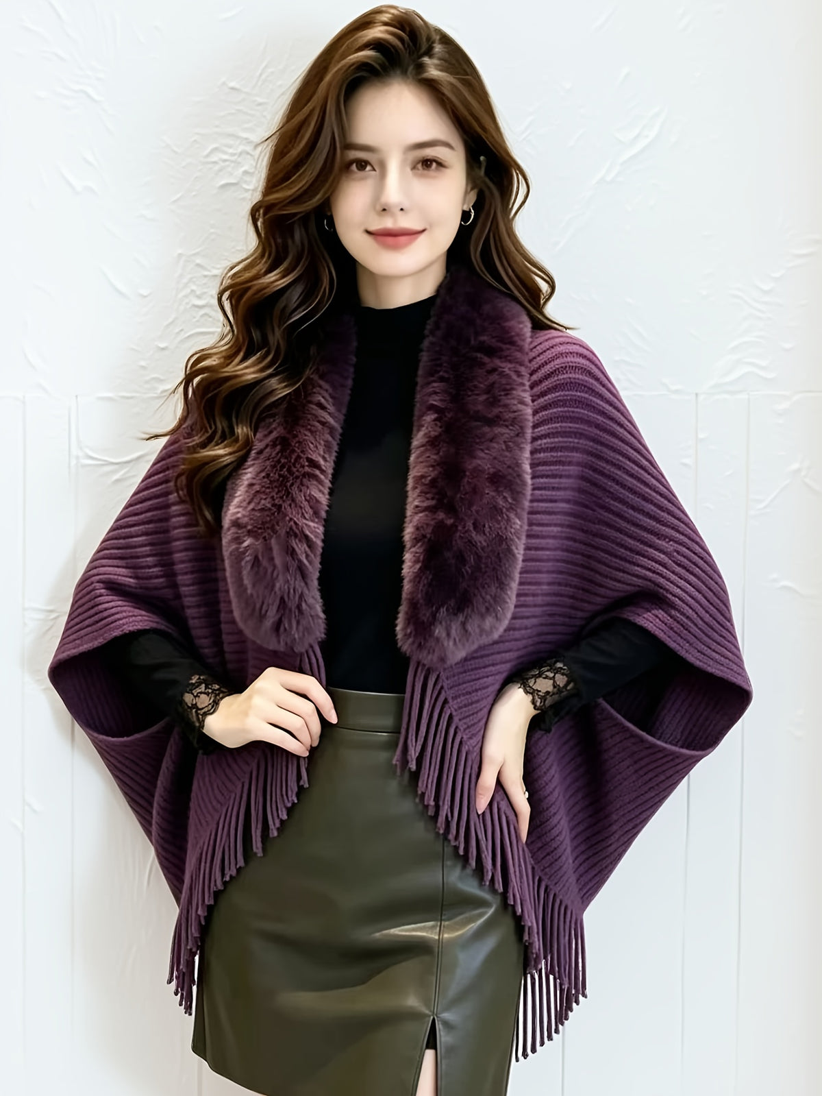 Women'S Cardigan, Autumn Winter Fashion Faux Tassel Cape Scarf Jacket - Lightweight Warm Outerwear for Parties, Office, Casual Wear - Elegant Autumnal Accessory, Trendy Scarf, Office Essential, Holiday Gift - Purple