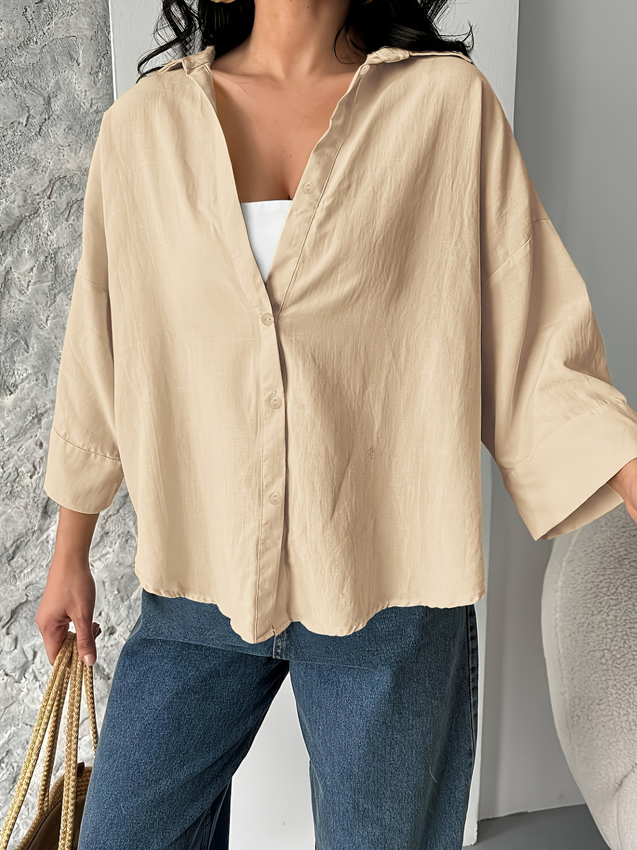 Fashion Spring Summer Women'S Off-Shoulder Puff Sleeve Button-Up Elegant Loose Shirt Lapel - Apricot