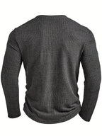 Men's Fashion Top, Autumn/Winter Casual Textured Ribbed Fabric Crew Neck Single-Breasted Long Sleeve Men's Henley Shirt - Dark Gray