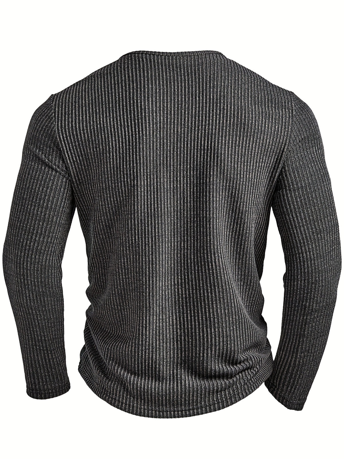 Men's Fashion Top, Autumn/Winter Casual Textured Ribbed Fabric Crew Neck Single-Breasted Long Sleeve Men's Henley Shirt - Dark Gray