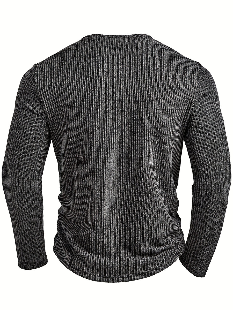 Men's Fashion Top, Autumn/Winter Casual Textured Ribbed Fabric Crew Neck Single-Breasted Long Sleeve Men's Henley Shirt - Dark Gray