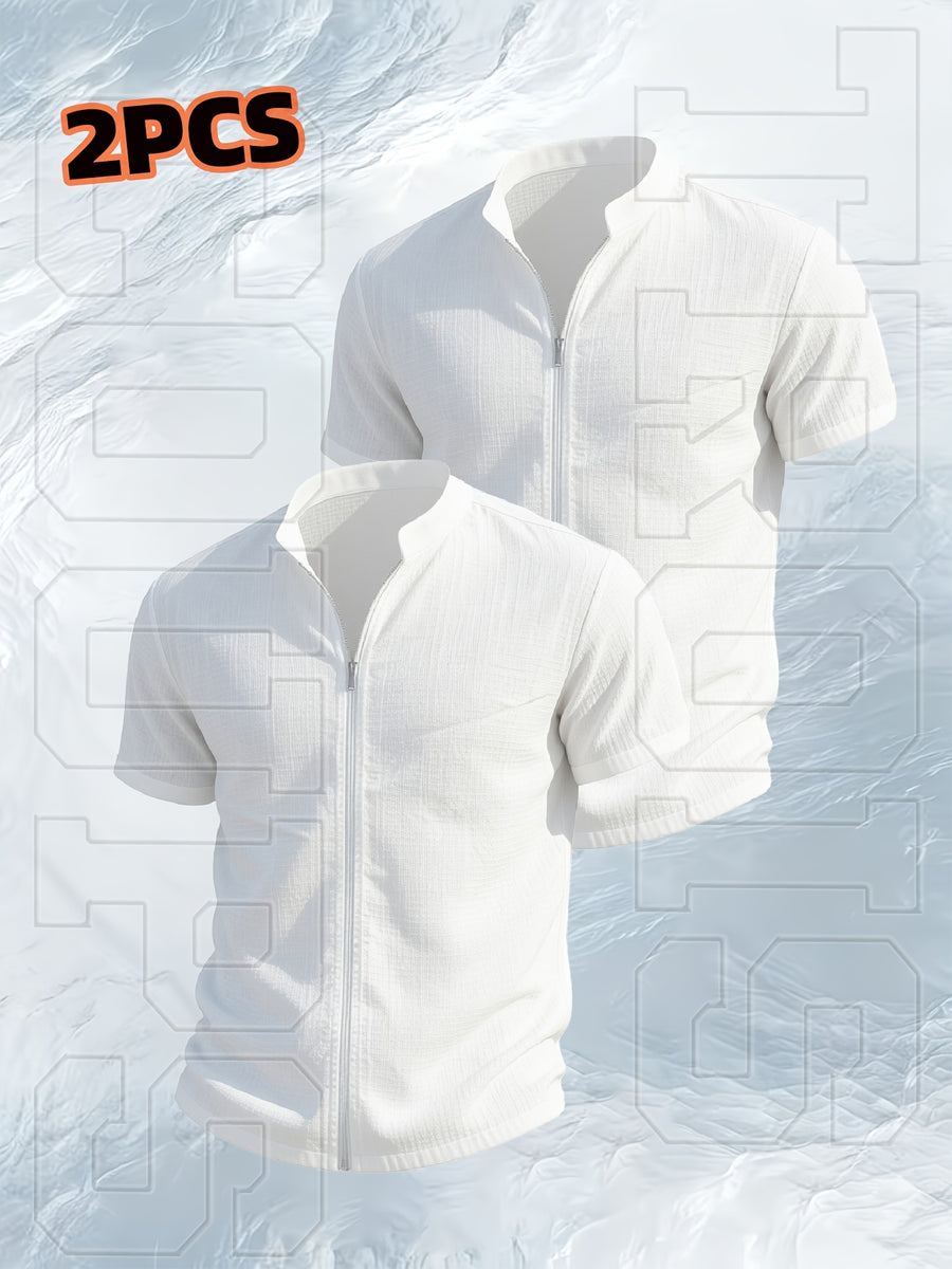 [Qiaoximei OBM] 2pcs Set, Latest Men'S Short-Sleeve Zip-Up Cardigan, Street Beach Comfortable Casual Outdoor, with Stand-Up Collar Design, Suitable for Beach Vacations, Pool Parties, And Daily Casual Wear, Men'S Top, Short-Sleeve Zip-Up Cardigan - White Two Pieces