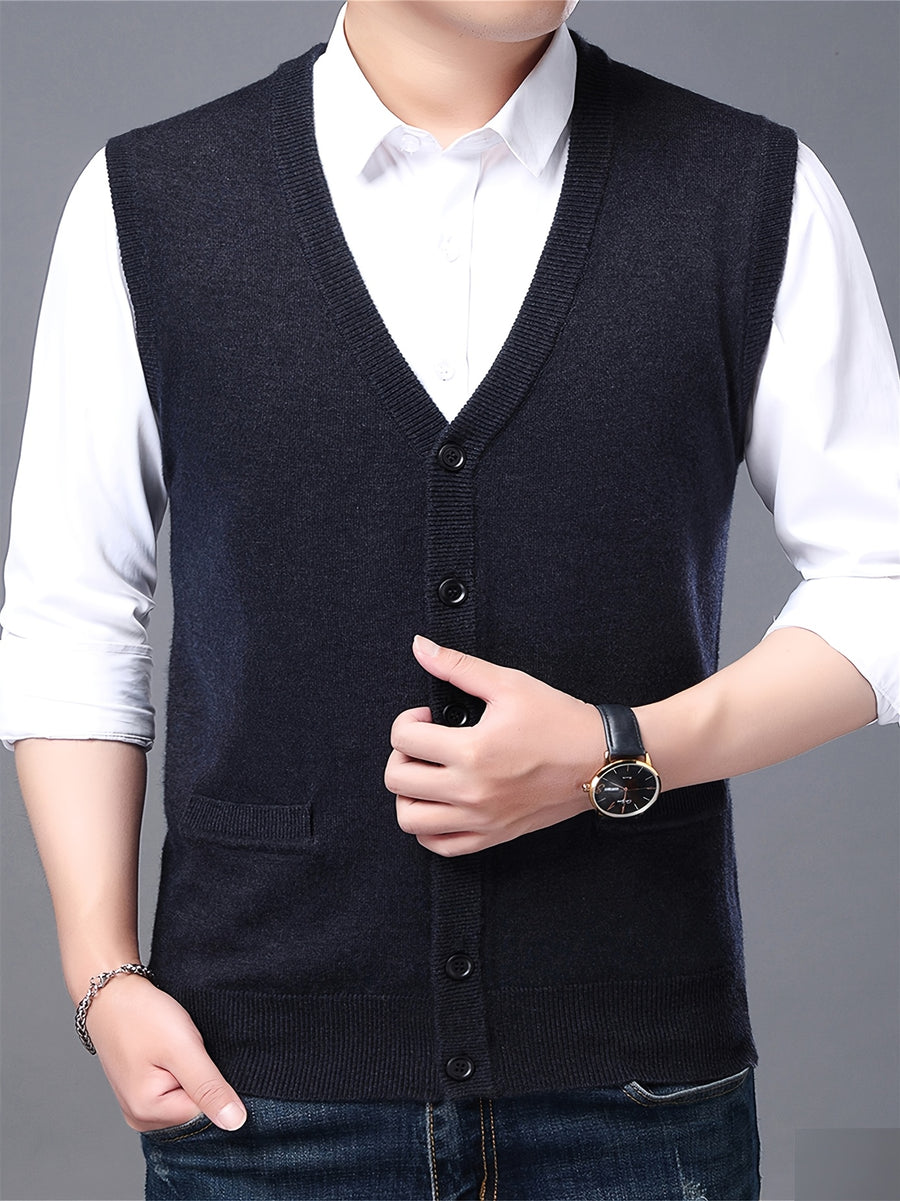 Autumn Winter Men'S Knit Cardigan Vest Men'S Casual Solid Color Pocketed Knit Vest Men'S V-Neck Open Front Sleeveless Sweater - Graphite Color