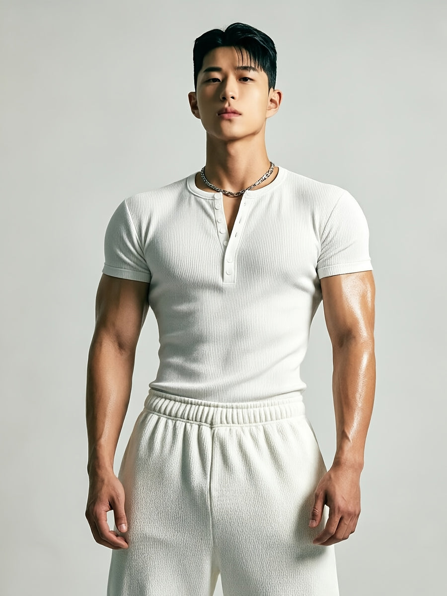 Men's Slim-Fit Henley Neck Knit Short-Sleeve T-Shirt. High-stretch Ribbed Fabric Accentuates Muscle Definition, Breathable and Sweat-wicking for a Non-stuffy Feel. Suitable for Multiple Occasions Including Fitness Training, Daily Commutes, Spring - White
