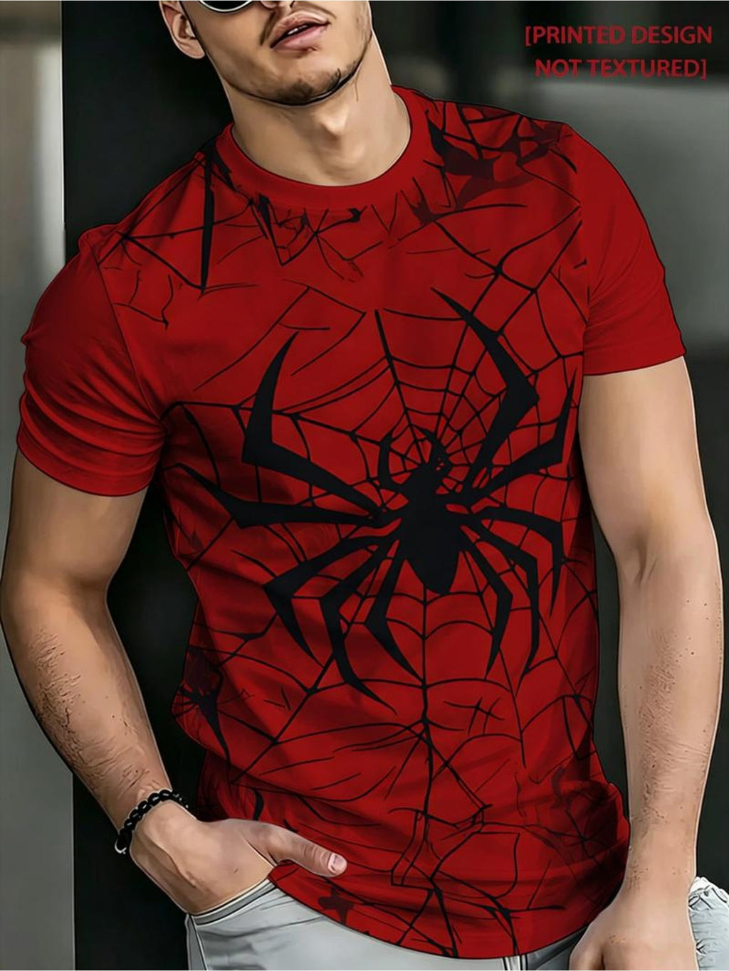 Men'S Casual T-Shirt, Red Base with Black Spider Web And Big Spider Pattern, Trendy Street Style Tee for Daily Outfits, Individual Summer Top [Print Design - No Texture], Breathable, Pockets, Regular Fit, Crew Neck, Short Sleeve - Mixed colors