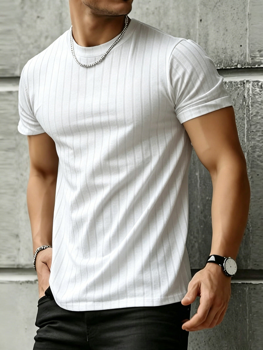 Josh Rose OBM Men's Short Sleeve T-Shirt, Summer Breathable Crew Neck Knitted Jacquard Casual Fashion Outerwear, Comfortable High-Quality Men's Top - White