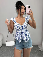 Women's Elegant Small Floral Print Short Hoodie with Asymmetric Cuffs and Hem, Vacation Style T-Shirt, Spring/Autumn Floral Top, Sexy Summer Top, Summer Casual Top - Mixed colors
