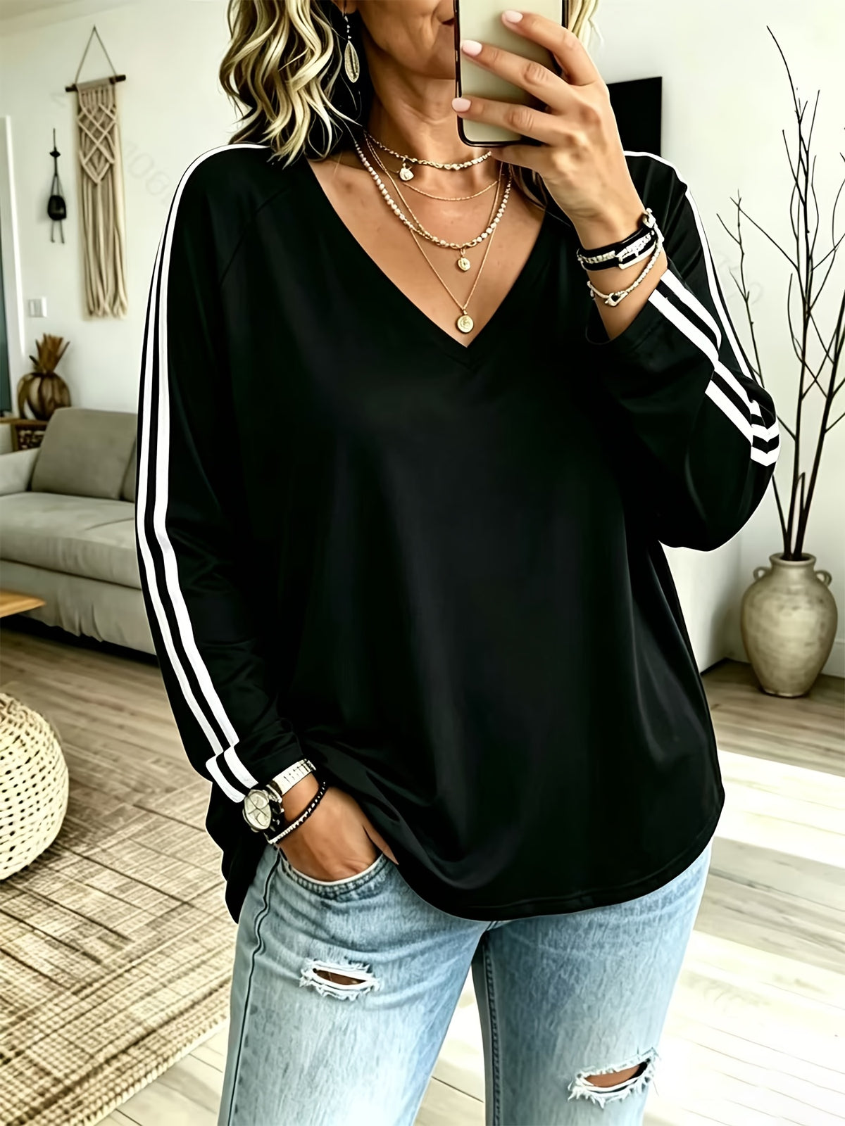 Plus Size, Women's Plus Size Oversized -Neck Long Sleeve T-Shirt - Solid Color Suitable for Outdoor S, & Casual Wear, Size Range (1XL-8XL), Machine Washable, Non- Fabric, - for & Everyday Layering - Black