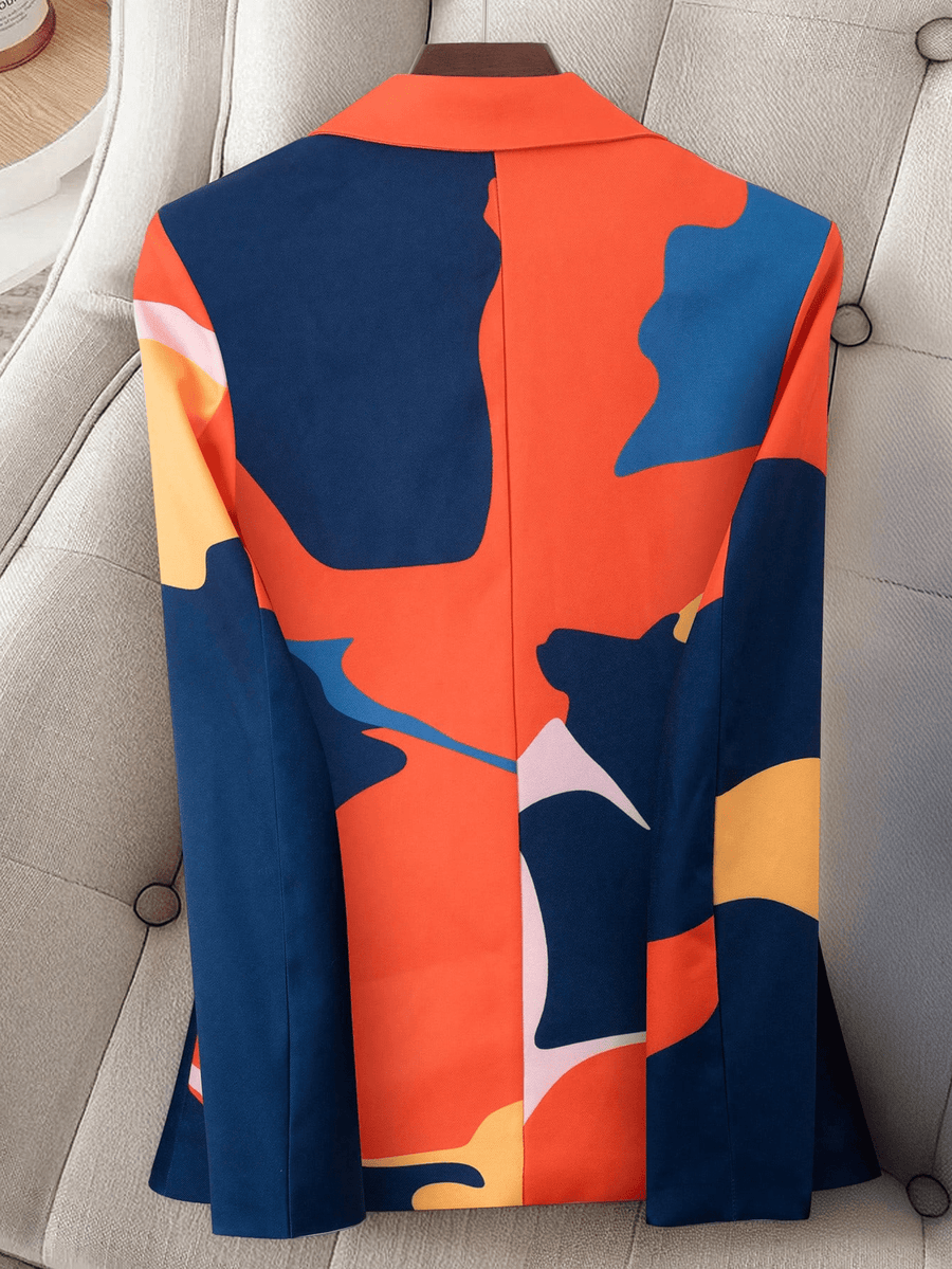 Women'S Abstract Color-Block Blazer, Single-Button Irregular Lapel Design, with Long Sleeves, Slim Fit, Suitable for Office Commute Or Casual Wear - Orange Red