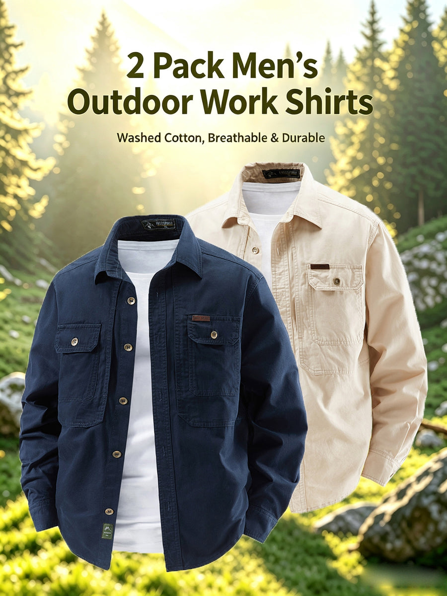 2pcs Men'S 100% Utility Long Sleeve Shirts, Spring/Autumn Vintage Washed Loose Fit, Stiff Non-Deformable Collar, Large Capacity Chest Pockets for Phone, Brass Metal Buttons, Straight Windproof Cuffs - Blue+Beige
