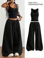 Fitted U-Neck Cami And Flowing Wide-Leg Floor-Length Pants, Street Hot Style with Elastic Waist, Casual Comfortable Height-Enhancing Bomber Street Women'S Two-Piece Set - Black