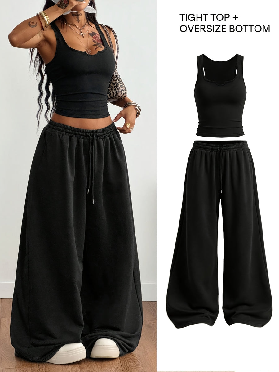 Fitted U-Neck Cami And Flowing Wide-Leg Floor-Length Pants, Street Hot Style with Elastic Waist, Casual Comfortable Height-Enhancing Bomber Street Women'S Two-Piece Set - Black