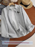 Spring/Autumn Thin Lightweight Fashionable Trendy Men's Simple Niche Printed Long Sleeve Slim Pinstripe Loose Fit Casual Shirt - Gray 02