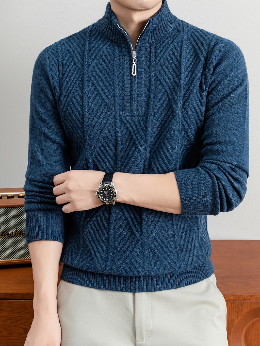 Men's Half-Zip Stand Collar Sweater with Zippered Panel & Striped Jacquard Knit - Warm Winter Pullover, Stretchable Stand Collar Suitable for Casual Office Wear, Layering Top, Hand Washable Regular Fit Blazer Compatible - Ink blue
