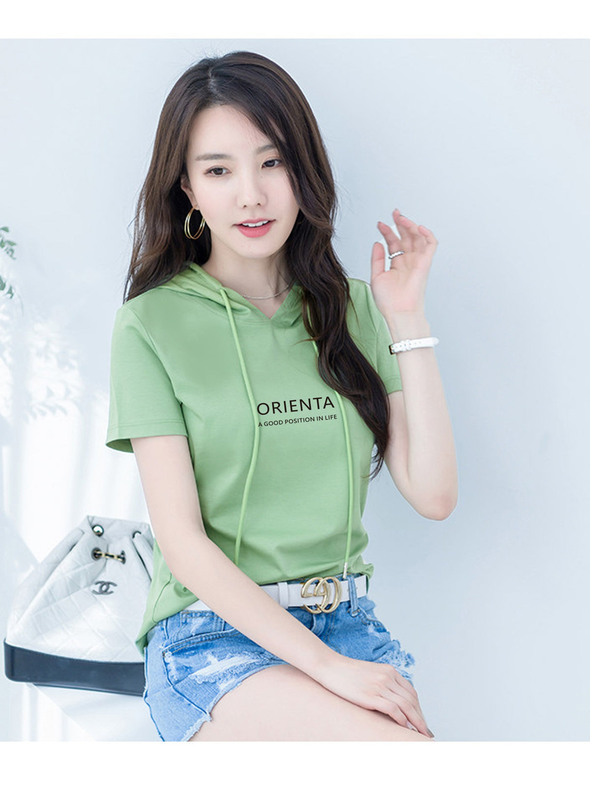Summer New Korean Version Loose Short Sleeve Thin Trendy Printed Hooded T-Shirt Casual Drawstring Loose Short Sleeve Shirt for Women Regular - Light Green