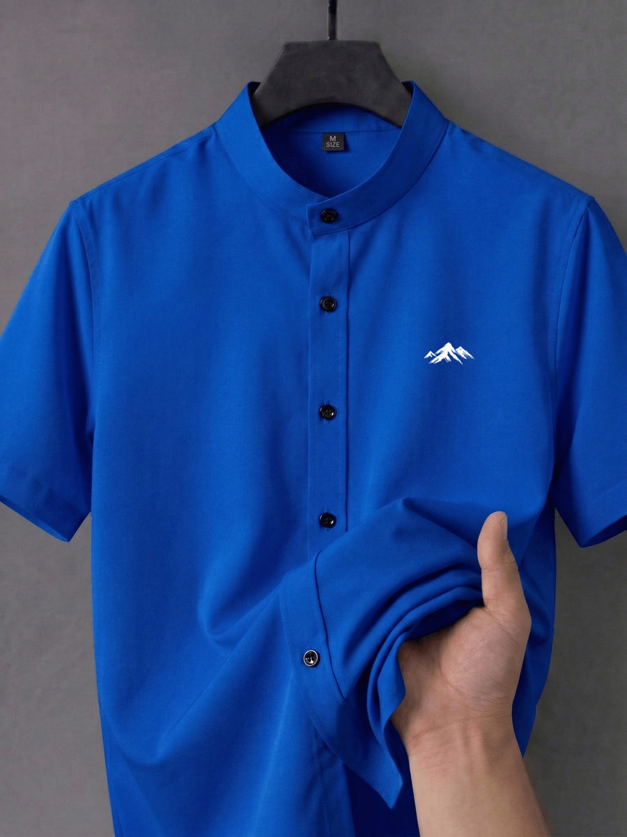 Men's Short-sleeve Shirt with Stand-up Collar/Henley Collar Design, Featuring Exquisite Peak-shaped Embroidery on the Chest - Royal Blue