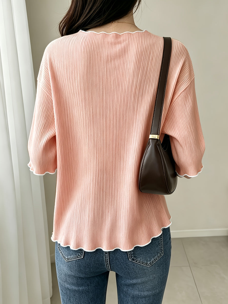 Women's French Ruffle Top - Spring Summer Stretchy High-Elasticity Ruffle Trim Shirt, Solid Color Non-Sheer Machine Washable Suitable for Daily Commute, Office & Casual Wear, French Style Wardrobe Essential - Peach