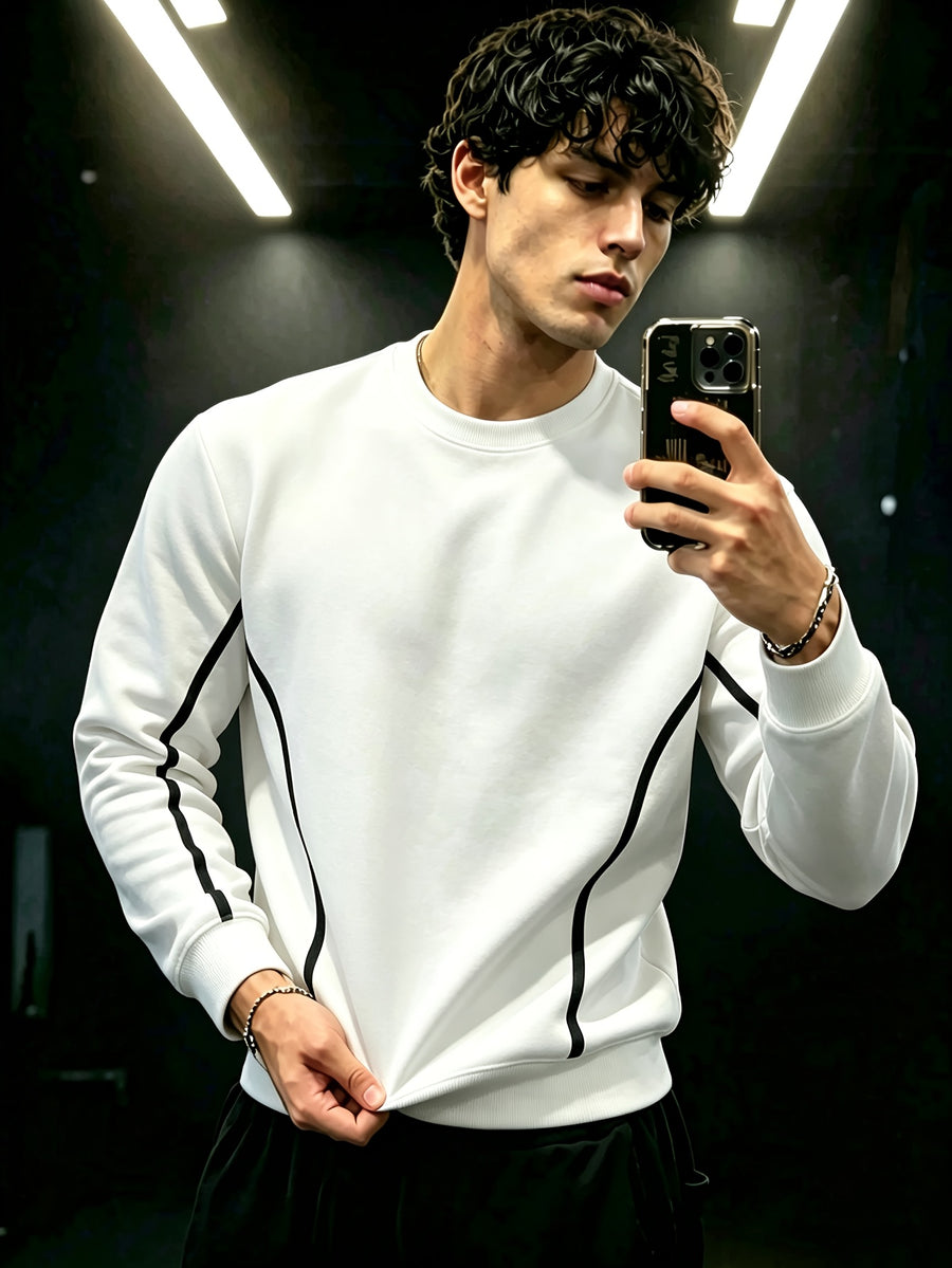 Men's Crewneck Sweatshirt, a Versatile Casual Top for Spring and Autumn, Featuring Side Line Detailing. Suitable for Daily Commutes, Streetwear Outings, Light Sports, and Casual Gatherings, This Basic Men's Sweatshirt Is Easy to Pair with Any Outfit - White