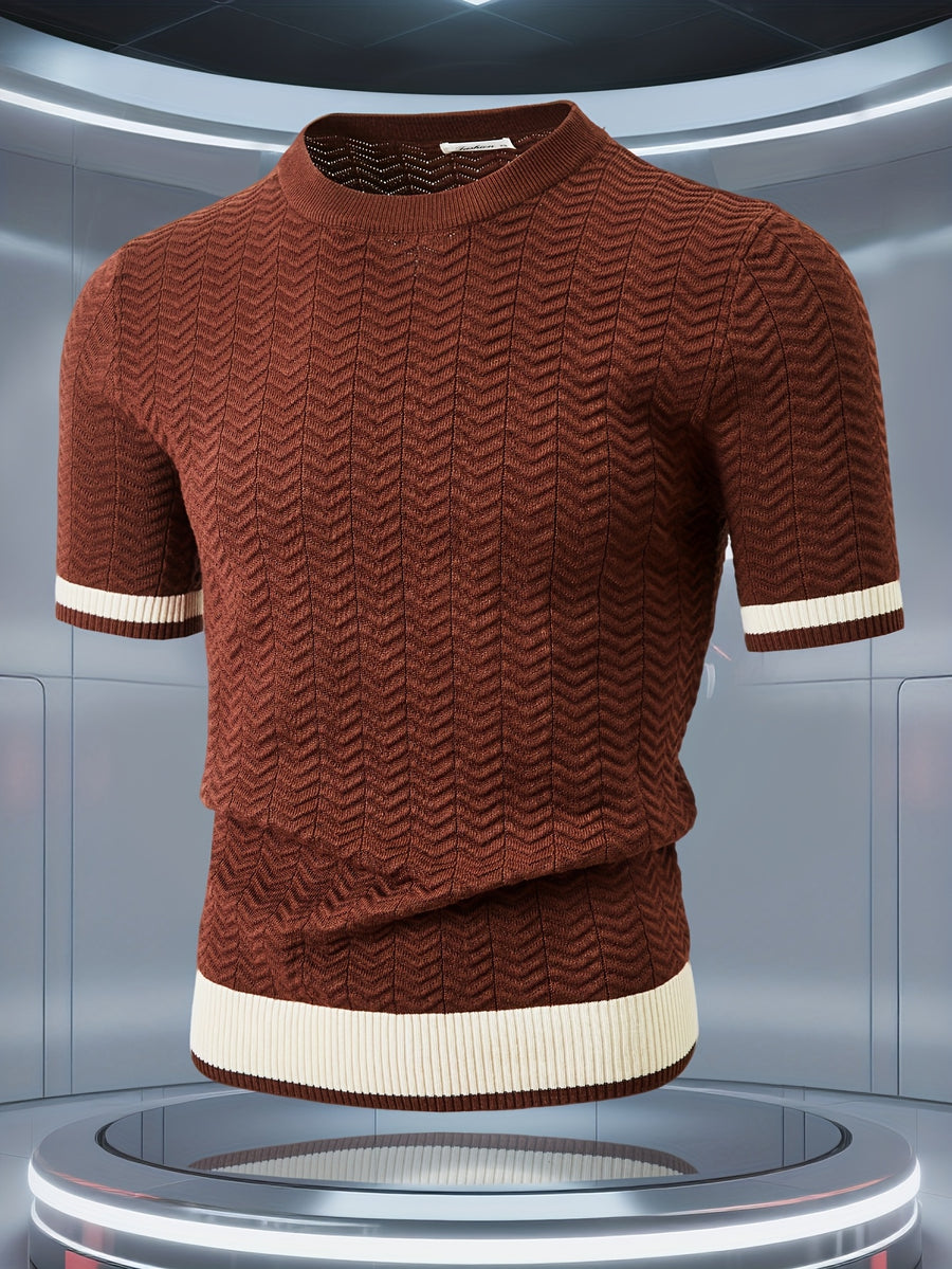 Men's Knit Short Sleeve Sweater, Heavy Craft Wave Jacquard Slimming Vertical Stripes, Stylish Trendy Thermal Base Layer, Thick Half Sleeve for Spring Autumn Winter, High-Quality Pullover, Can Be Worn Alone or as a Base Layer - Coffee Color