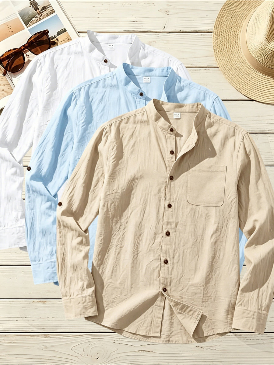 3pcs Men's Stand Collar Long Sleeve Linen Shirt for Travel, Vacation, Shopping, and Work Wear, Lightweight, Breathable, and Anti-Stuffy, Casual Relaxed Style, Spring/Summer Loose Straight Fit, Roll-Up Sleeve Design with Chest Pocket, Multiple Colors - White+Blue+Khaki