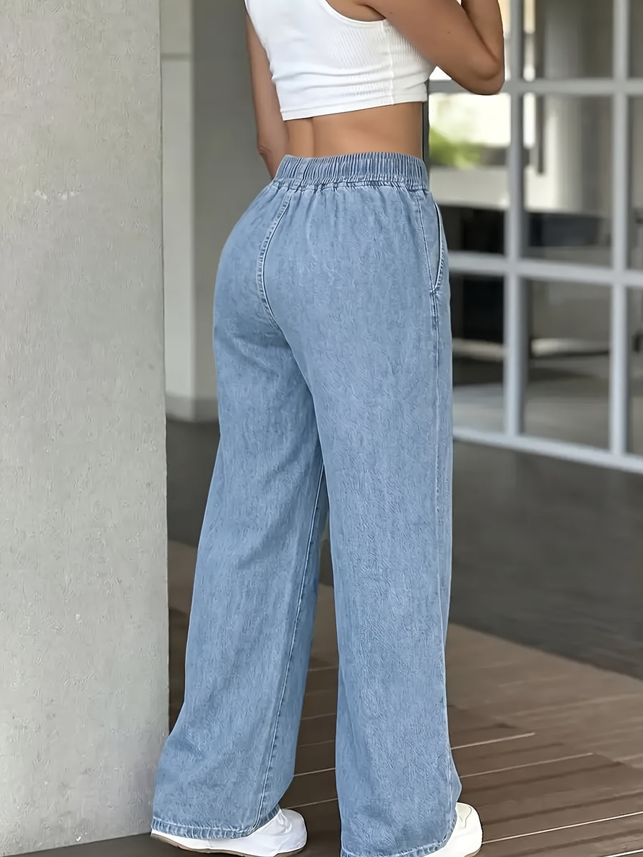 Thickened Elastic Waist Drawstring, Light Blue Washed Straight Wide-Leg Denim Women'S Long Pants, Slanted Pocket, Side Pocket, Home Wear, Comfortable Fit, Outdoor Casual, Fashion Street Style, Work And Life, Elegant Women'S Trousers - Light Blue