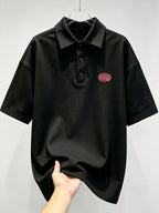 Men's Solid Color Short Sleeve Polo T-Shirt, Summer Loose Fit Versatile Half-Sleeve Lapel Shirt, Ins Korean Style Trendy Embroidered Top - Black