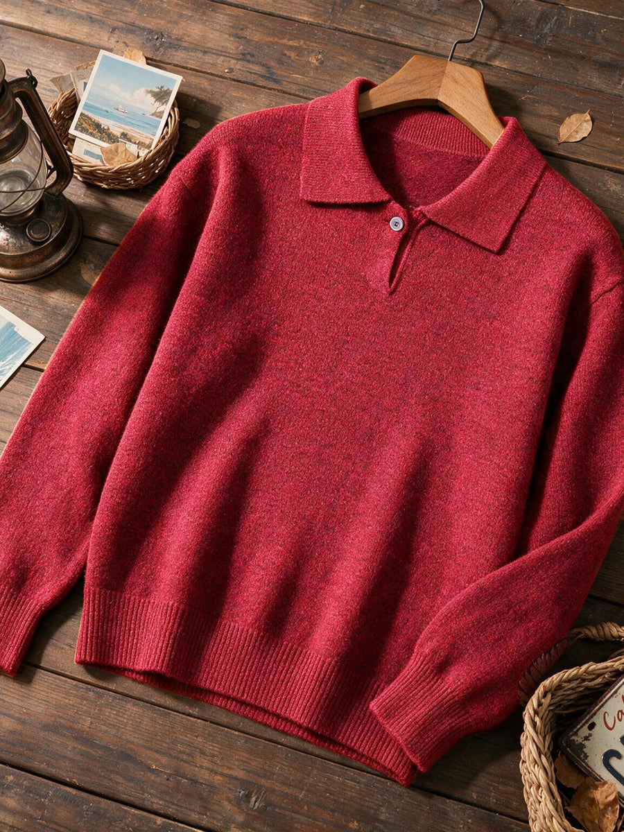 Single-piece Mature Business Men's Polo Shirt, Men's Polo Collar Knit Top, Half-Button Placket Design, Fine and Soft Knitted Texture, Ribbed Cuffs and Hem, Simple Commuting Vintage Style, Suitable for Spring, Autumn, and Winter Wear - Burgundy