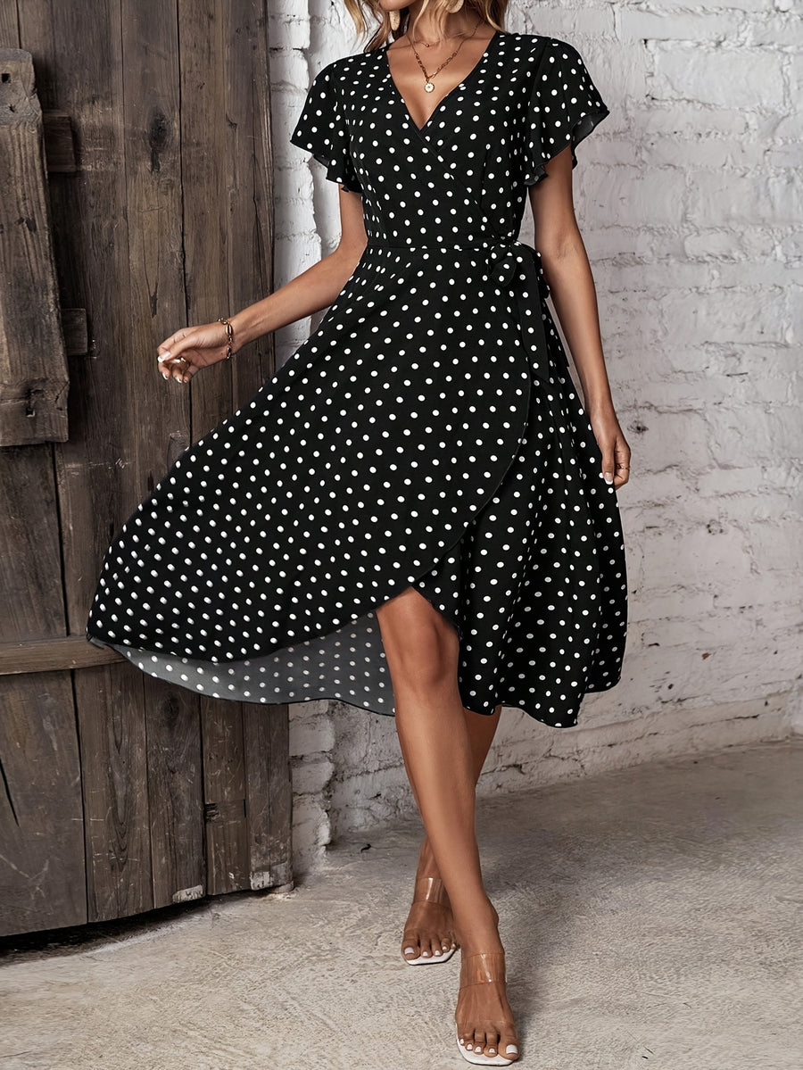 Women'S Elegant Polka Dot Bust-Crossing Short Sleeve Side-Slit Dress - Black