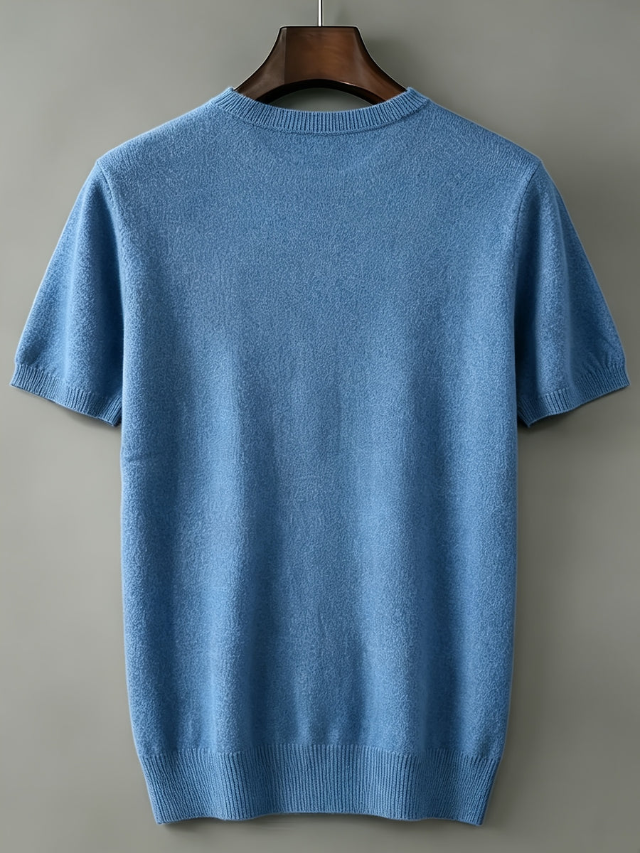 Men's Breathable Short Sleeve T-Shirt - Solid Color Round Neck Base Layer, Casual & Business Versatile Opaque Shirt, Machine Washable Suitable for Office Wear, Layering, Everyday Use - Sky Blue