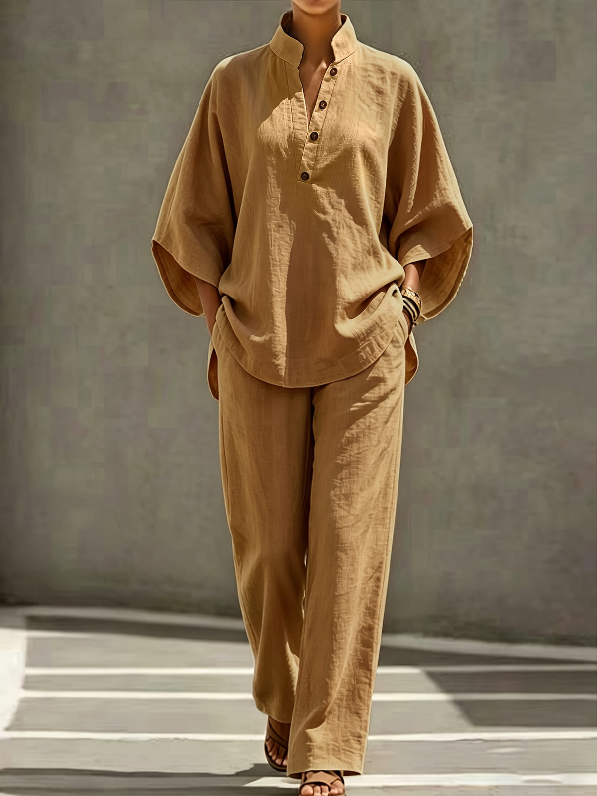 [PLMM] Spring Autumn Winter Women'S Fabric Button Short Collar Fashion Casual Two-Piece Long Pants Set - Amber
