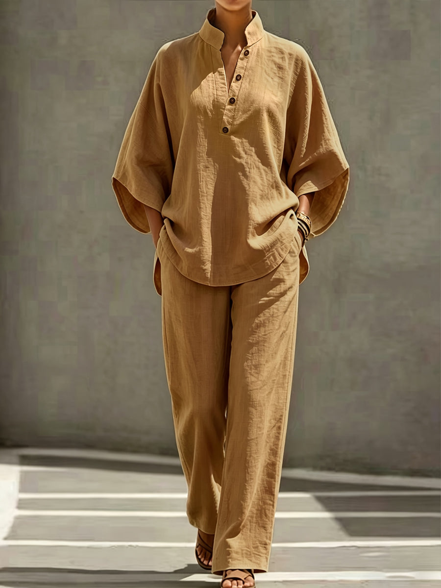 [PLMM] Spring Autumn Winter Women'S Fabric Button Short Collar Fashion Casual Two-Piece Long Pants Set - Amber