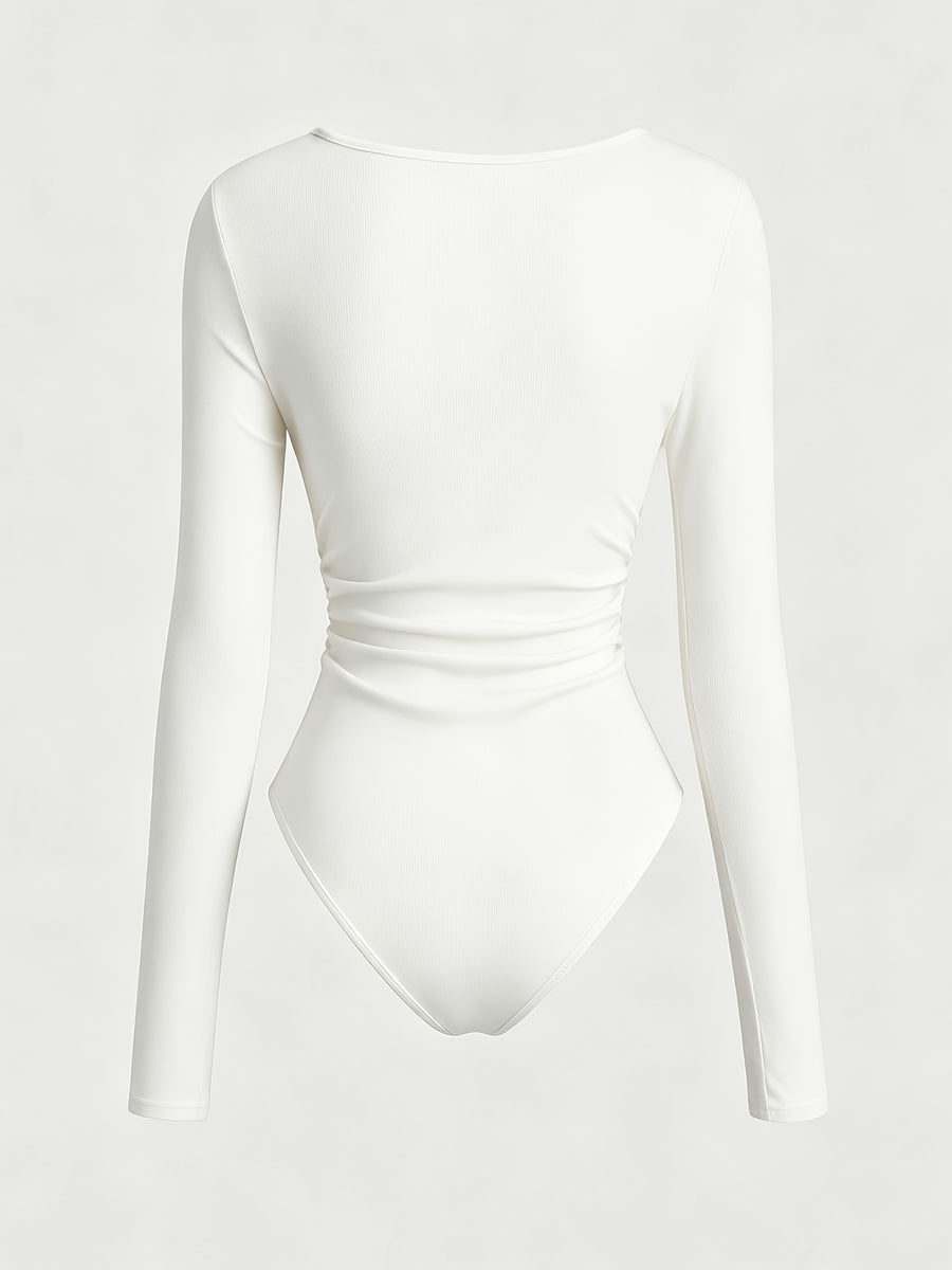 Women's Retro American Style Neck Bodysuit - Long Sleeve Fitted Suitable for Autumn/Winter -Style for -body Types | Machine Washable Medium Stretch Bodysuit with Asymmetric Design & Solid Color (No Transparency) - White