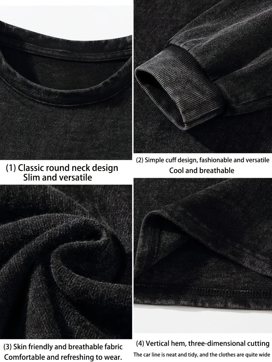 Heavy Weight 230g Pure Cotton Washed Old Trendy Brand Printed Long Sleeved T-shirt for Men's Autumn and Winter New Casual Versatile Warm Underwear Loose Outdoor Sports Breathable Oversized Top - Black
