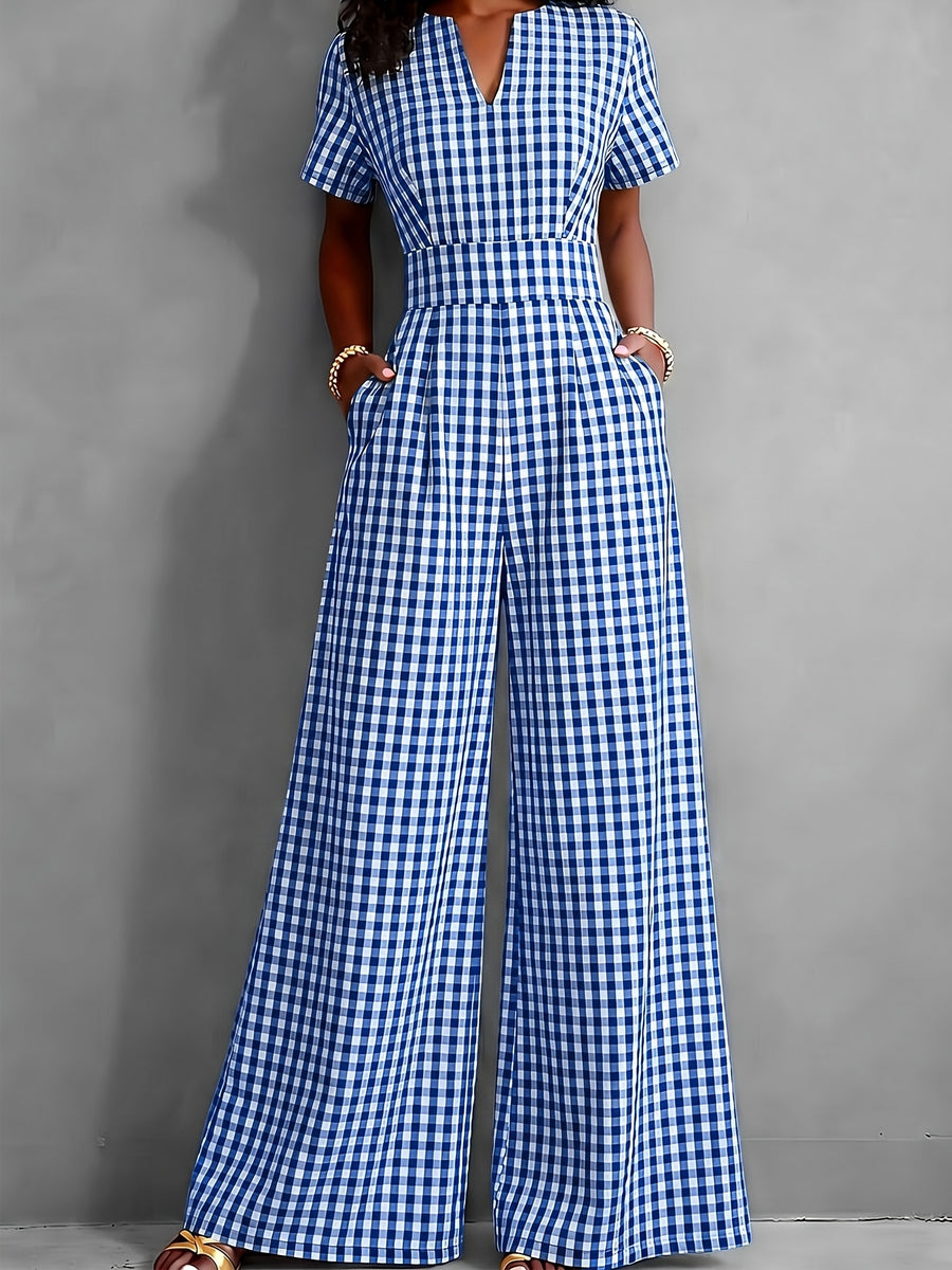 2026 Spring Summer New Plaid V-Neck Short Sleeve Jumpsuit Women'S High-Waist Wide-Leg Straight Long Pants, Women'S Commute Casual Two-Wear Jumpsuit, High-Waist Waist-Cinching Design with Flowing Wide-Leg Trousers - Blue