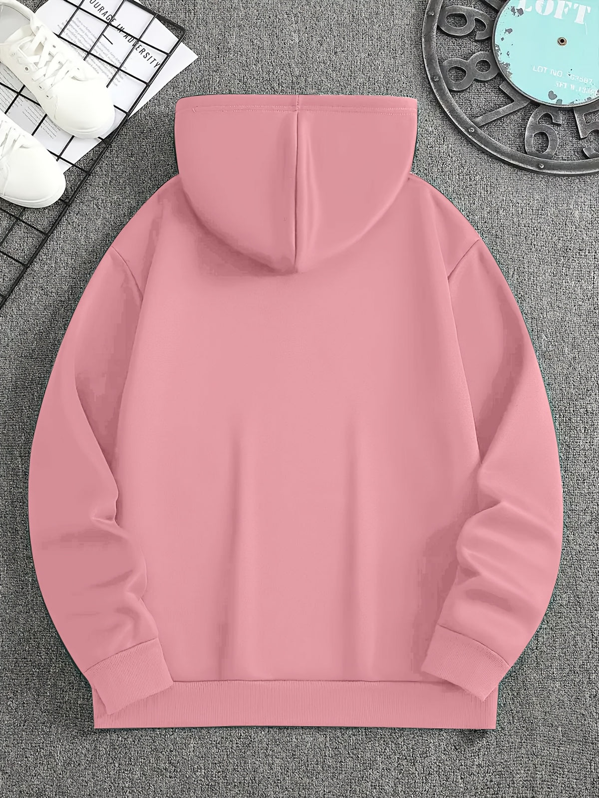 Minimalist Style Boston Letter Print Men'S Hooded Sweatshirt Regular Fit, Casual Long Sleeve Pullover - Pink Color