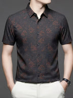 Holiday Gift, Men's, Casual, Seamless, Printed, Short-sleeve Shirt, Cool and Wrinkle-resistant, Fashionable Cardigan - Coffee Color