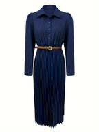 Spring/Autumn Long Sleeve Lapel Elegant Fashion Versatile Ruched Dress with Belt, Women'S - Navy blue color