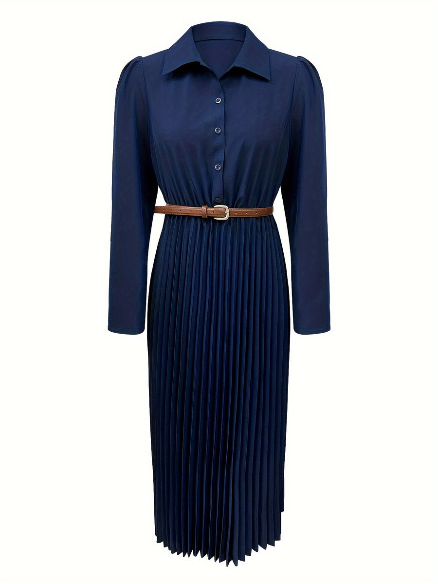 Spring/Autumn Long Sleeve Lapel Elegant Fashion Versatile Ruched Dress with Belt, Women'S - Navy blue color